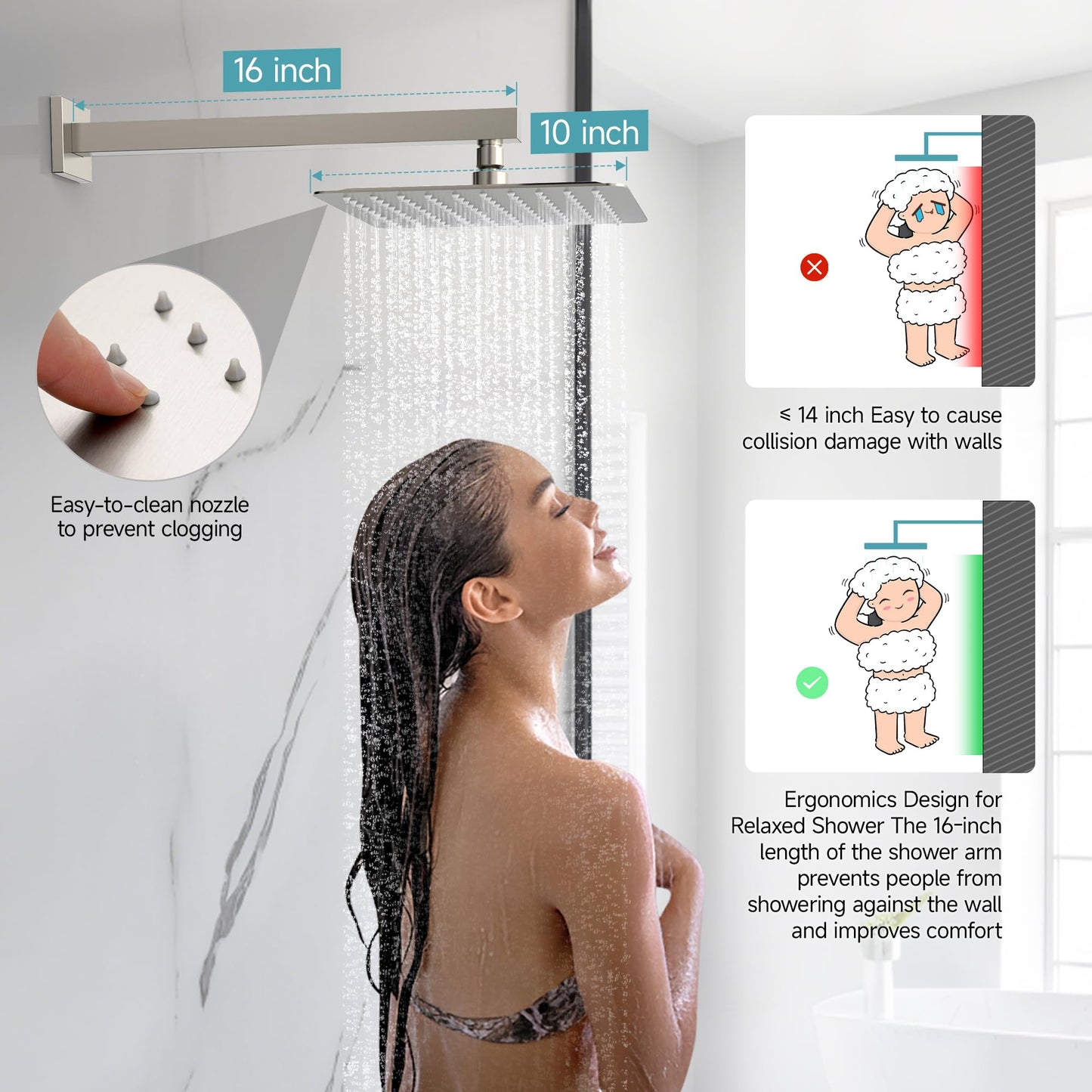 SR SUN RISE Shower Faucet Set & System - 10 Inch Rainfall Shower Head & Handle Set Wall Mounted Brushed Nickel Solid Brass Valve Trim Kit Included