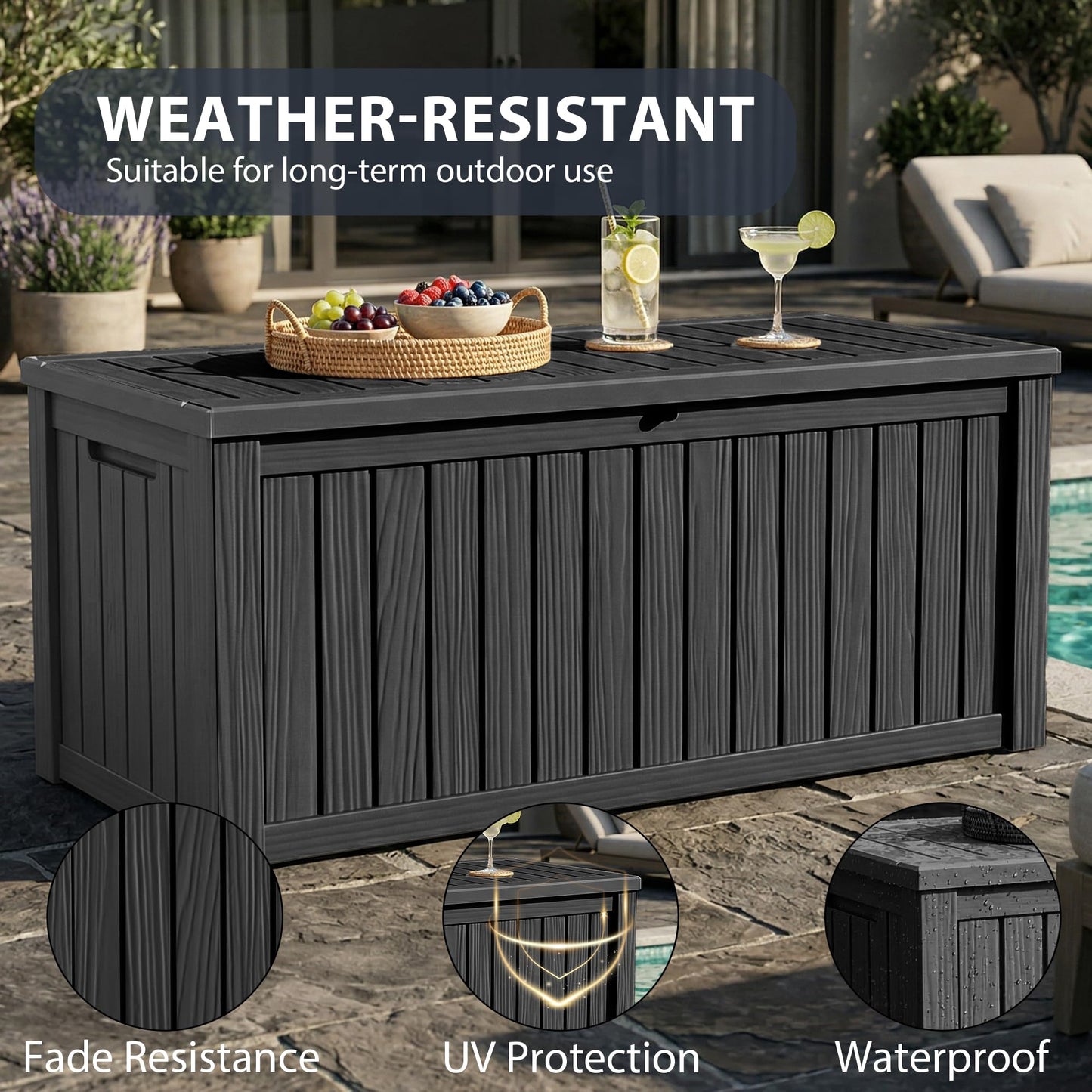 MAIUSCOLI 150 Gallon Outdoor Storage Box Waterproof Outside Resin Deck Box, Lockable Storage Bin for Patio Furniture,Garden Tools,Cushions,Pool Accessories(Black)