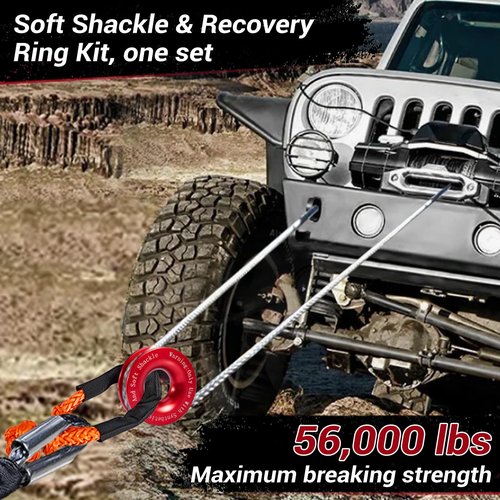 Gedlex Soft Shackle & Recovery Ring Set 2pcs 1/2"x22" Synthetic Winch Rope 56,000lbs Breaking Strength, 1pcs Snatch Ring for ATV UTV SUV Truck Offroad Vehicle Orange