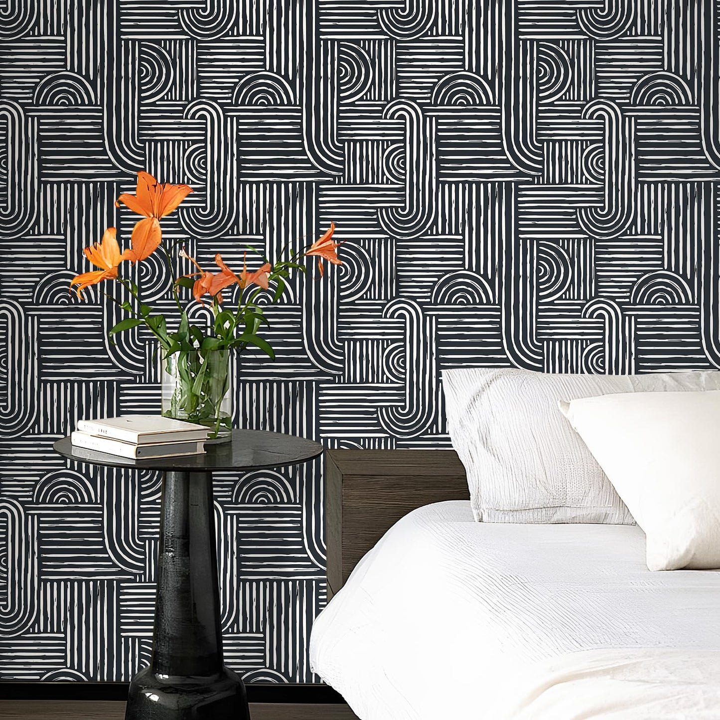 Livelynine Geometric Peel and Stick Wallpaper Black and White Modern Mid Century Geometric Abstract Wall Paper Contemporary Minimalist Lines 17.5x78.8 Geometric Pattern Contact Paper for Cabinets
