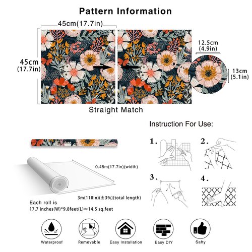 HAOKHOME Boho Peel and Stick Wallpaper Floral Wall Paper Removable for Bedroom Navy/Pink/Orange Contact Paper 17.7in x 9.8ft
