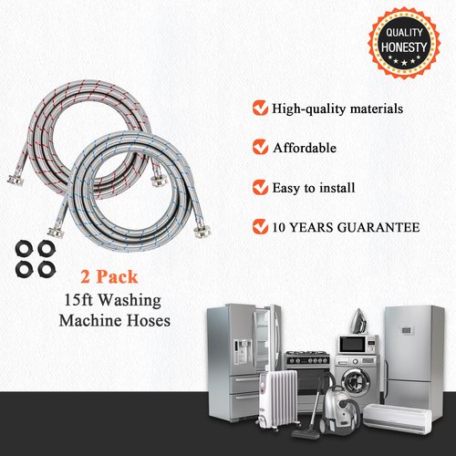15ft LONG Washing Machine Hoses UPGRADE by Blutoget- Braided Stainless Steel Washer Hoses - Hot and Cold Water Lines 3/4'' Standard Interface -Burst Proof Leak Free Hose (2 Pack) - 10 YEARS GUARANTEE
