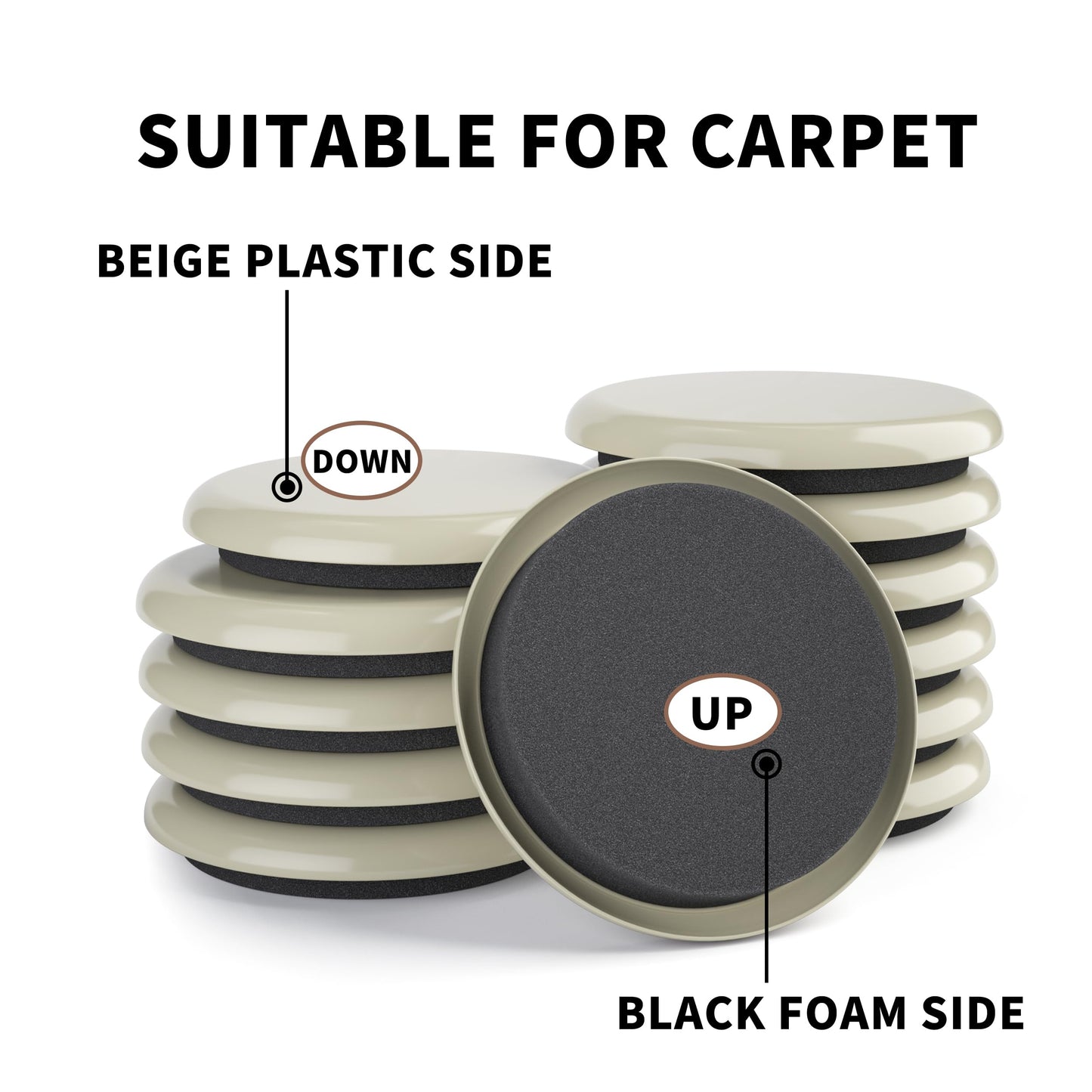 Yelanon Furniture Sliders, 16 pcs-3 1/2” Round Beige Furniture Sliders for Carpet, Heavy Duty Furniture Movers Sliders, Reusable Furniture Moving Pads, Floor Protectors for Carpet