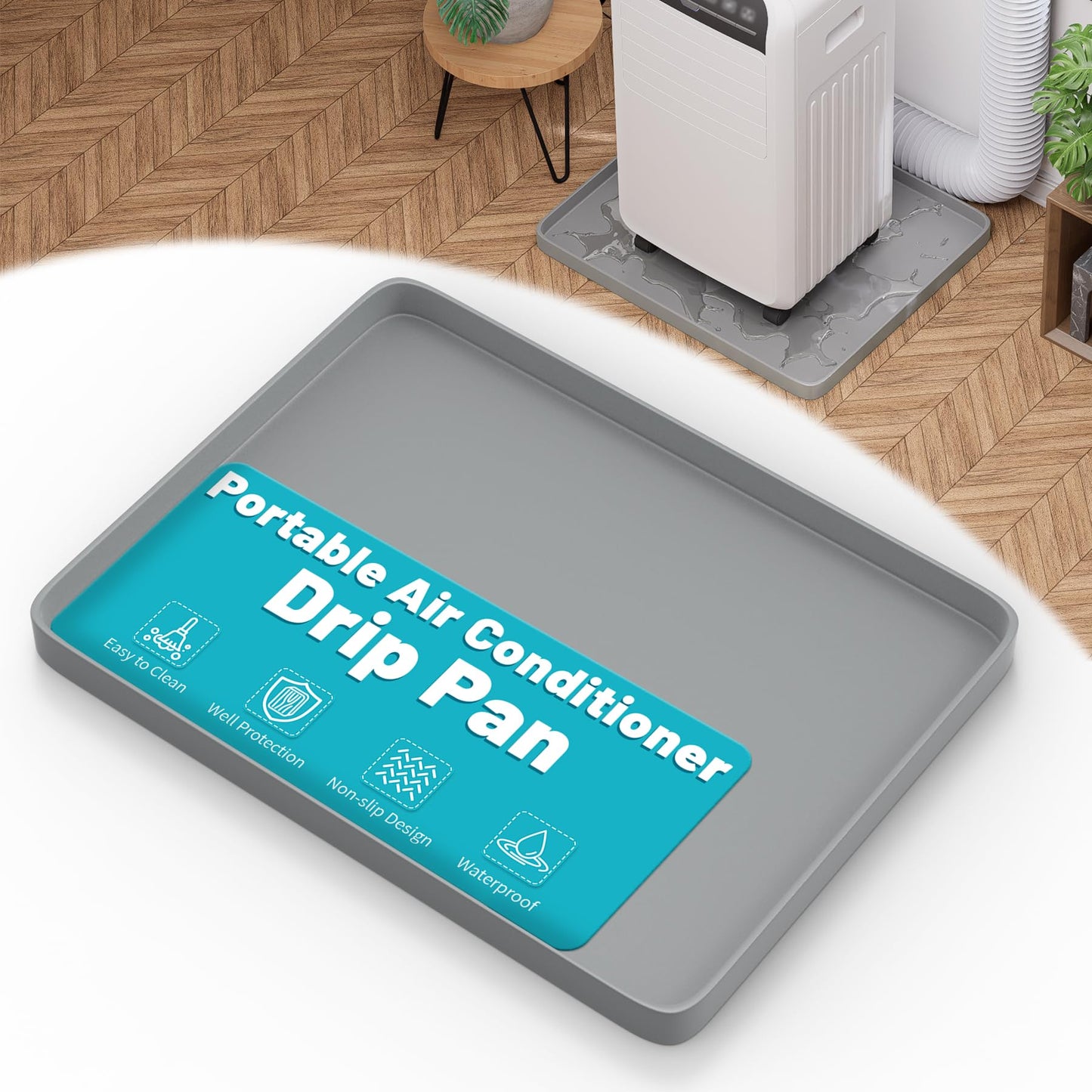 Chiligent Portable Air Conditioner Drip Pan, 23.6" x 19.7" x 0.75" Non-Slip Large Drip Tray with Raised Edges, Prevent Water Leakage & Floor Damage, Portable AC Drip Pan & Mini Fridge Mat, Gray