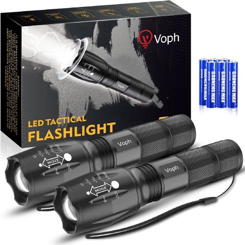 Voph Flashlight 2 Pack, 5 Modes High Lumen Tactical LED Flash Light, High Lumens Bright Waterproof Flashlights, Focus Zoomable Flash Lights for Camping, Gifts for Birthday for Men Women Adult