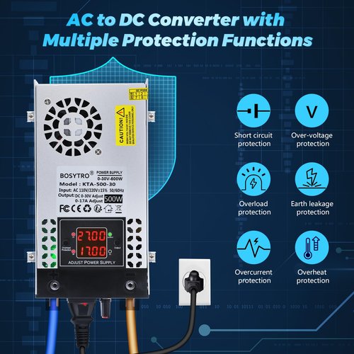 BOSYTRO Upgraded AC to DC Converter 5V 12V 24V 30V DC Power Supply Adjustable 0-30V 0-17A 500W Switching Power Supply for Led Strip, Motor Pump, CCTV, 3D Printer, Lab Computer
