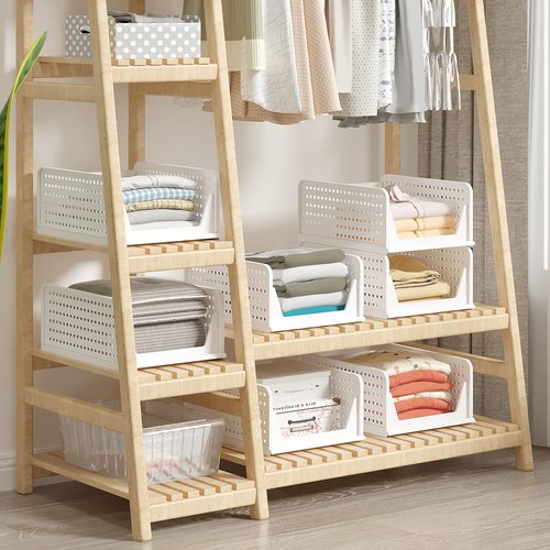 VECELO 4 Pack Plastic Closet Shelf Organizer, Stackable Sweater Storage Closet Drawers, Foldable Wardrobe Organizer, Easy Assembly, Durable and Space Saving for Closet, Bathroom, Kitchen, Gray
