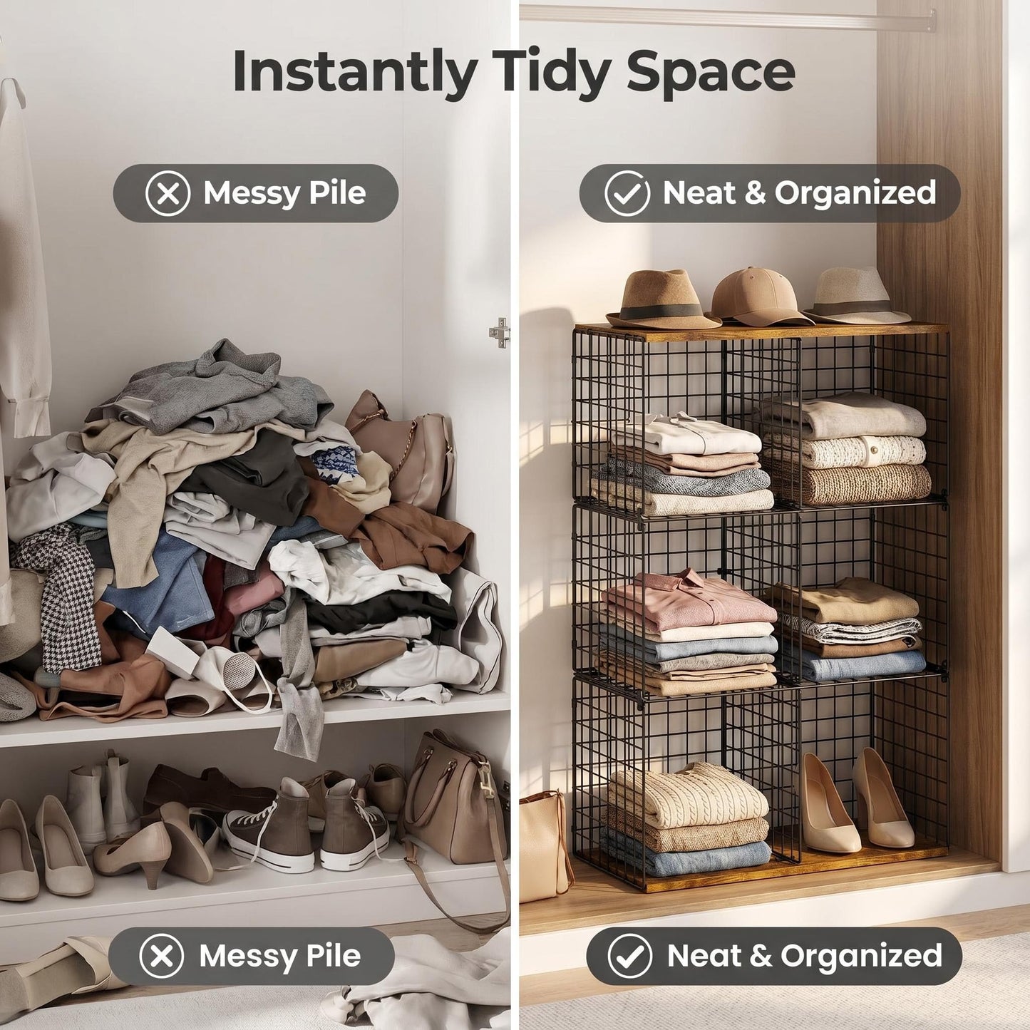 Free-standing Sturdy Tall 6-Cube Closet Organizer Storage Wire Basket Shelf with Wood Top for Wardrobe Bedroom Closet, Stackable Space-saving Clothing Shelves for Clothes, Sweaters, Pants, Handbags