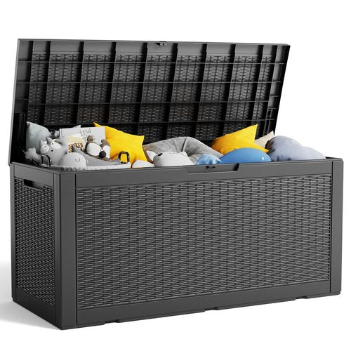 100 Gallon Resin Deck Box, Lockable Patio Outdoor Storage Box for Furniture, Garden Tools and Tools Storage, Waterproof Outside Storage Boxes - Black
