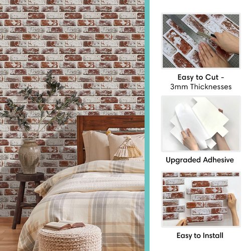 Commomy 10 Pcs 3D Faux Brick Panels -11.8"X11.8" Small Size Thin PVC Peel and Stick Brick Backsplash Farmhouse Red Brick Wall Paneling for Fireplace, Bedroom, Living Room, Kitchen, RV
