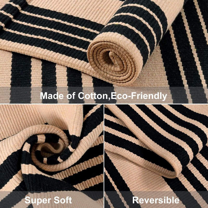 Black and Tan Striped Outdoor Rug, 2’ x 4.3’ Cotton Hand-Woven Reversible Front Porch Rug Washable Front Door Mat Entryway Rugs Welcome Layered Doormat Carpet for Patio Farmhouse Kitchen