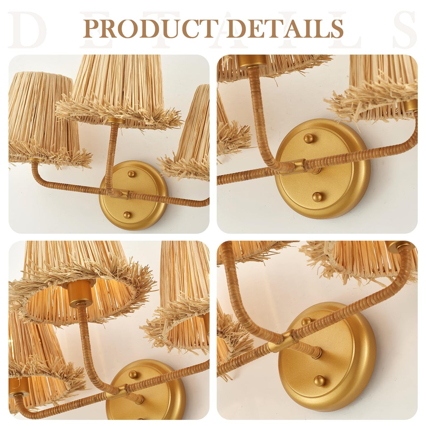 MhyTogn Boho Hand Woven Rattan Wall Sconces 3-Lights Wall Lamp Coastal Brass Wall Lights for Hallway Vanity Bedside Doorway, UL Listed