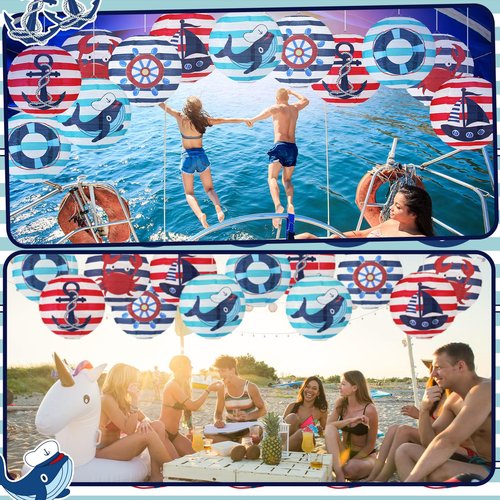 Panelee 12 Pcs Nautical Birthday Party Decorations Anchor Sailor Boat Cruise Ship Theme 8 Inches Hanging Paper Lanterns 8 Inches Round Lanterns for Holiday Navy Baby Shower Party Decor Supplies