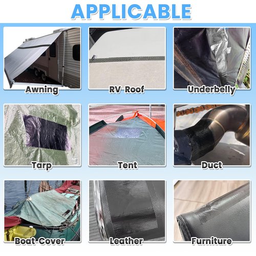 Waterproof Repair Tape for Fabric, Awning, RV Roof, Underbelly, Tarp, Tent, Sail and Boat Cover Outdoor Repair Patch, Heavy Duty, UVproof, Multipurpose Black