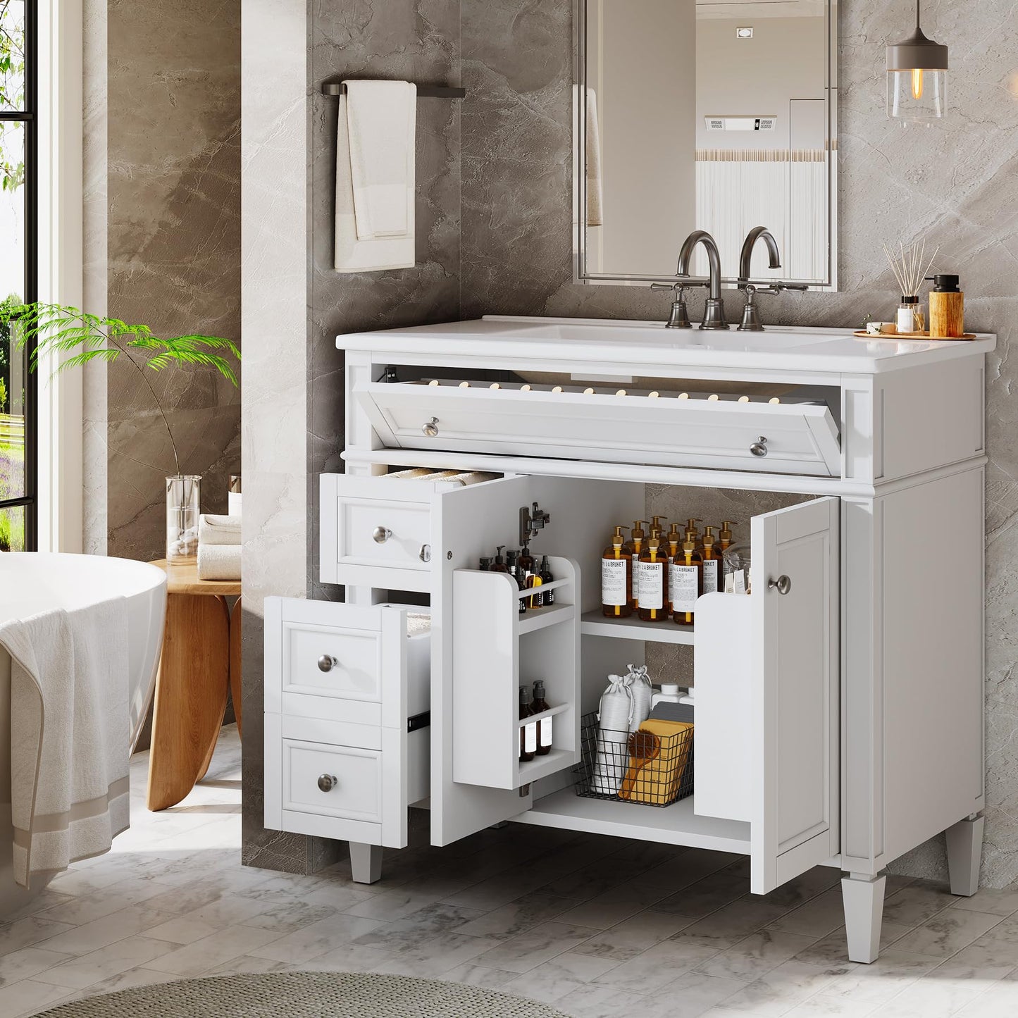 Tribesigns 36" Bathroom Vanity with Sink, Modern Bathroom Sink Cabinet with 4 Drawers & 2 Doors, Bath Storage Vanity Sink with Metal Handles, Solid Wood Frame, Paint Surface White