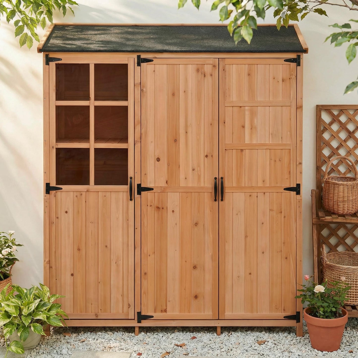 Outdoor Garden Shed with Waterproof Roof and Workstation, Outdoor Storage Cabinet with 7 Storage Shelves, 2 Drawers and 6 Hooks, Natural