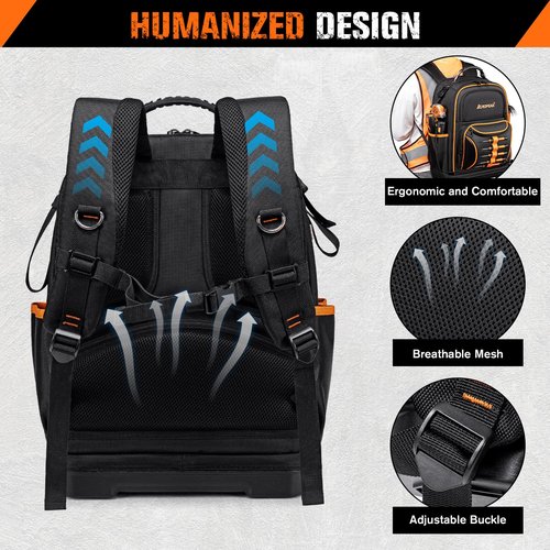 73 Pockets Tool Backpack Heavy Duty for Men Women, Hvac Tool Backpack, Tool Bag Backpack with Laptop Compartment, Waterproof Molded Base, 1680D, Durable Multi-Use Pocket for Electrician Construction