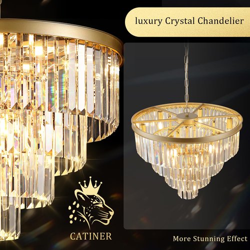 Gold Crystal Chandeliers 24” Modern Large Chandeliers Luxury 4-Tier 12 Lights K9 Crystal Round Ceiling Pendant Light Fixture Contemporary for Dining Room Foyer Staircase Living Room