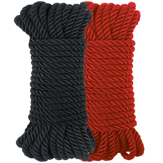 Silky Soft Rope - 8mm Thick Braided Cord, Skin-Friendly & Durable Twisted Braided Colored Nylon Ropes, Satin Smooth Finish for Multipurpose Use, Includes Storage Bag (Black & Red)