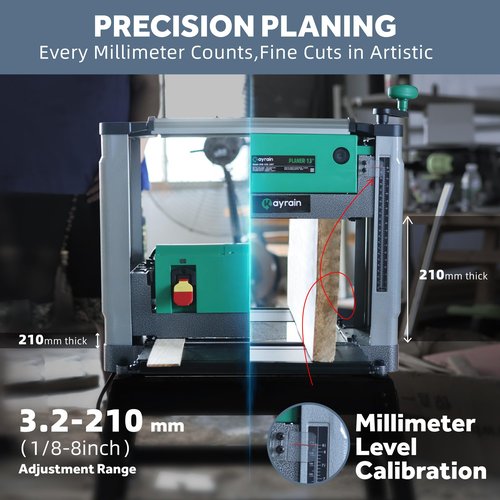 Kayrain 13'' Benchtop Planer 15A 2000W - HSS Double-sided Blade & 85% Dust Collection, 0.008'' Precision, 3-Yr Warranty for Hardwood/Softwood
