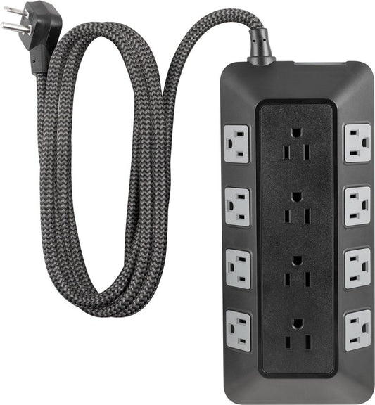 GE UltraPro Adapt 12-Outlet Surge Protector, 6ft Braided Heavy Duty Extension Cord, Flat Plug Power Strip, 3540 Joules, Black, 74542