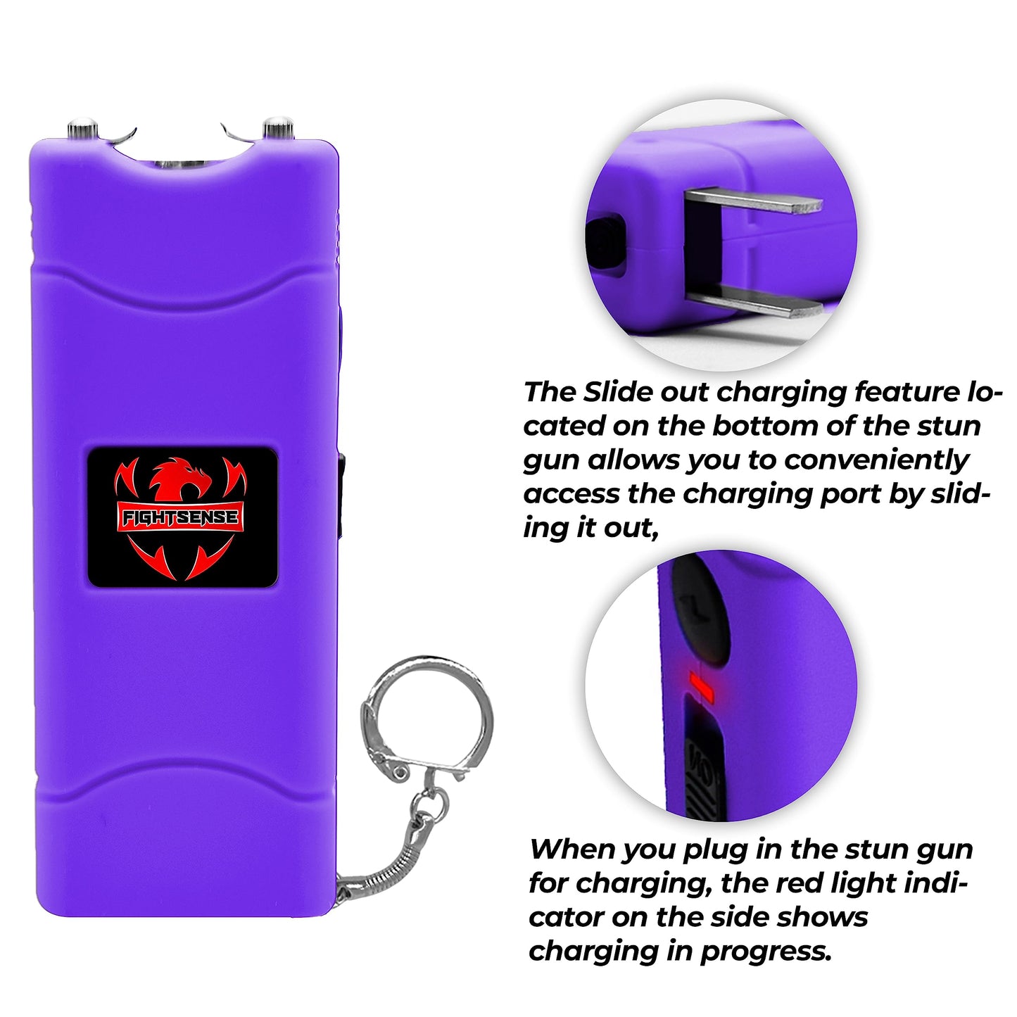 FIGHTSENSE Super Heavy Duty Keychain Stun Gun with Flashlight for Men and Women self Defense Device, Rechargeable Stun Gun, Nylon Holsters (Purple)