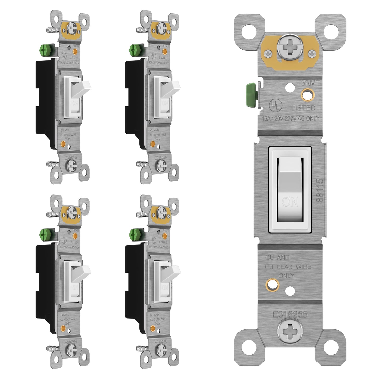 ENERLITES Toggle Light Switch, Single Pole, 15A 120-277V, Grounding Screw, Residential Grade, UL Listed, 88115-W-5PCS, White (5 Pack)