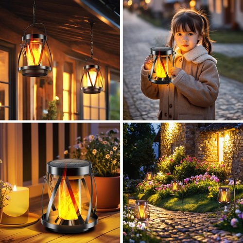 Garpar Solar Flickering Flame Lanterns Outdoor Waterproof - Upgraded Brighter Metal Hanging Solar Lights Outdoor, 2 Lighting Modes - Auto On/Off Outdoor Lights for Yard Porch Patio Garden Decor