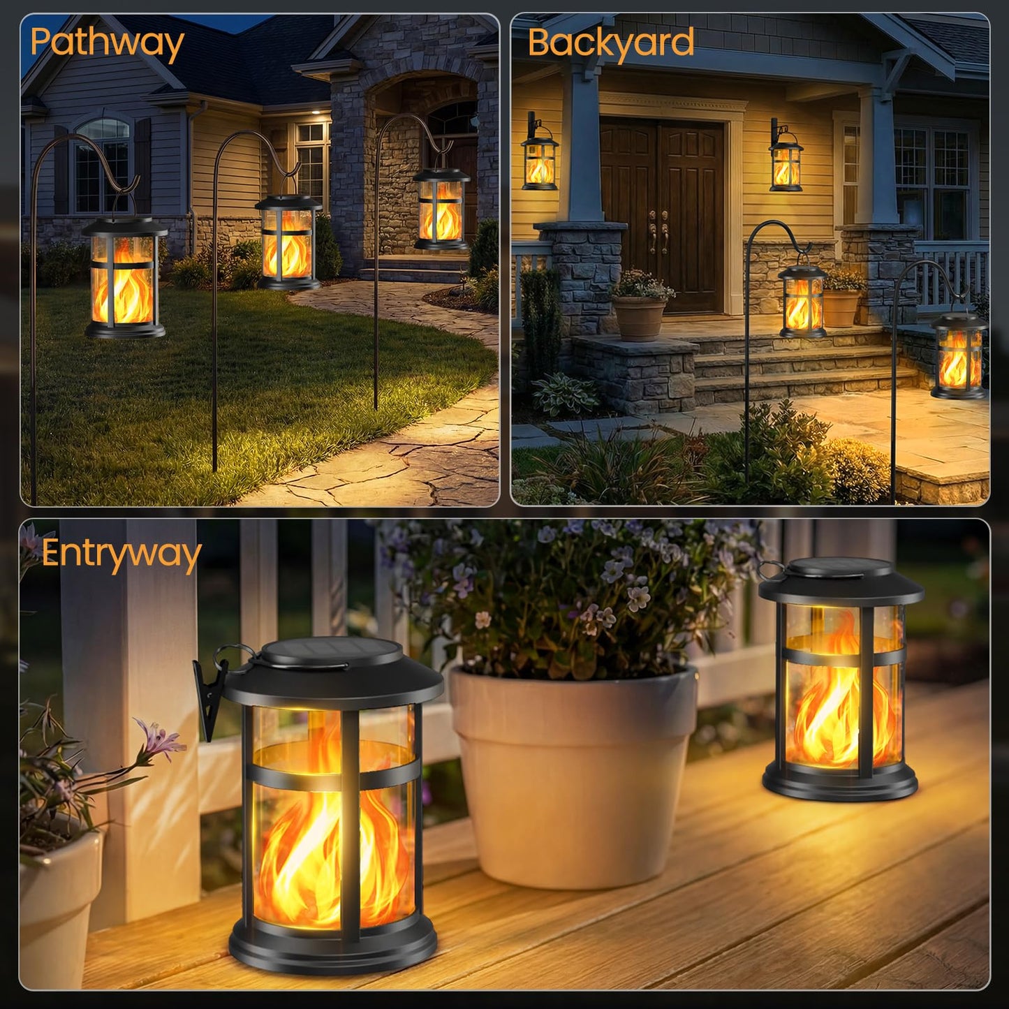 Otdair 4 Pack Solar Lanterns Outdoor Waterproof, Upgraded Flickering Flame Hanging Solar Lights for Outside, Solar Powered Lantern for Patio Yard Garden Porch Decor, Gift for Mom Housewarming
