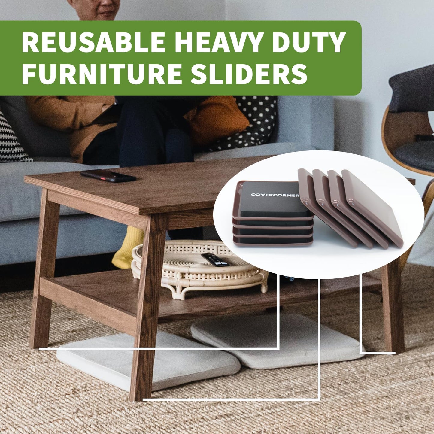 COVERCORNER Furniture Sliders for Carpet 8 PCS - 3 1/2 inch Furniture Moving Slider Chair Legs Floors Protectors Square Furniture Movers Sliders – Move Your Furniture Easy & Safely(for Carpet)-Brown