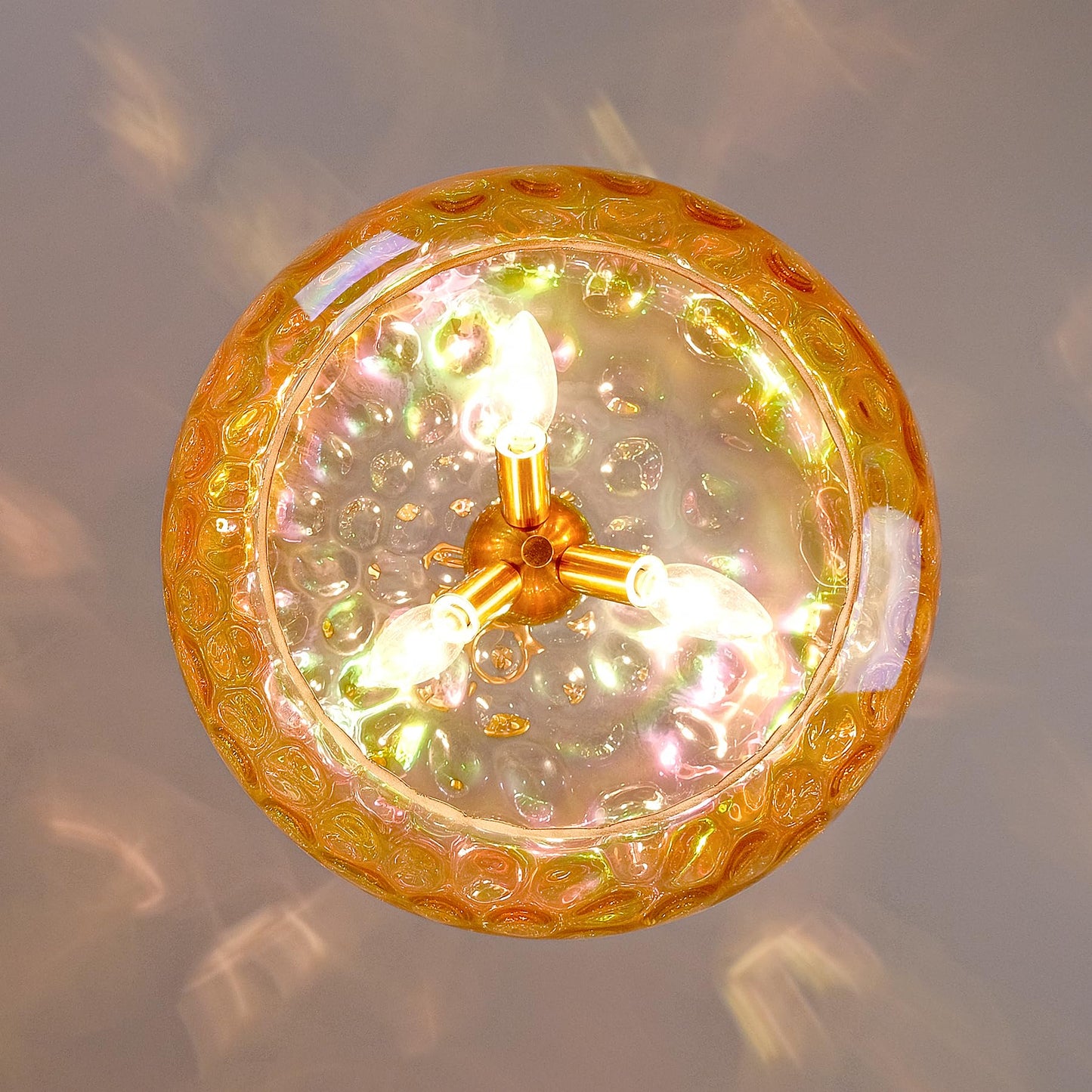 Wrlmfy Large Glass Pendant Lighting, Hammered Lampshade Chandelier with Height Adjustable Hanging Rods, Brass Gold Chandelier for Dining Living Room Kitchen Island (Colorful Deep Amber, 14 Inch)