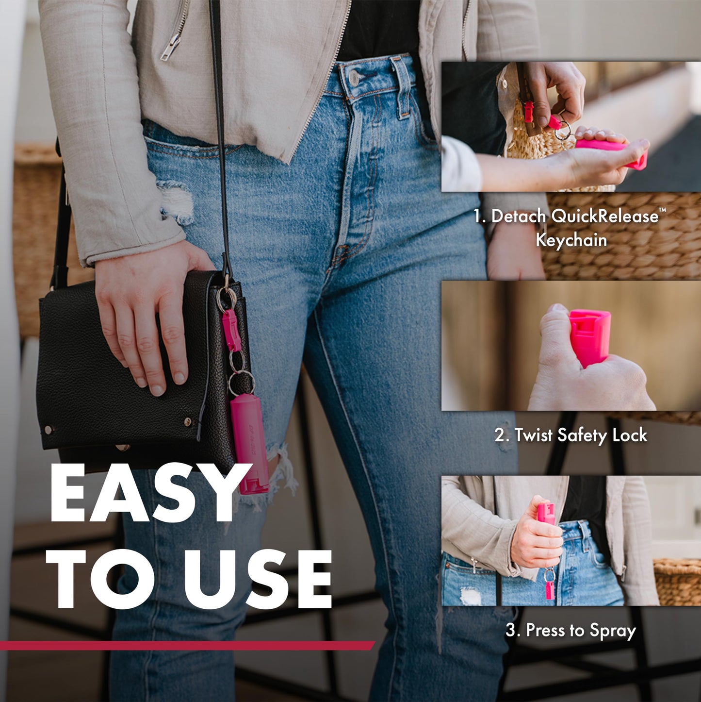 SABRE Defense Spray, 3-in-1 Formula Contains Max Strength Pepper Spray, CS Military Tear Gas & UV Marking Dye, Quick Release Key Ring for Easy Carry, Finger Grip for More Accurate Aim, 0.54 fl oz