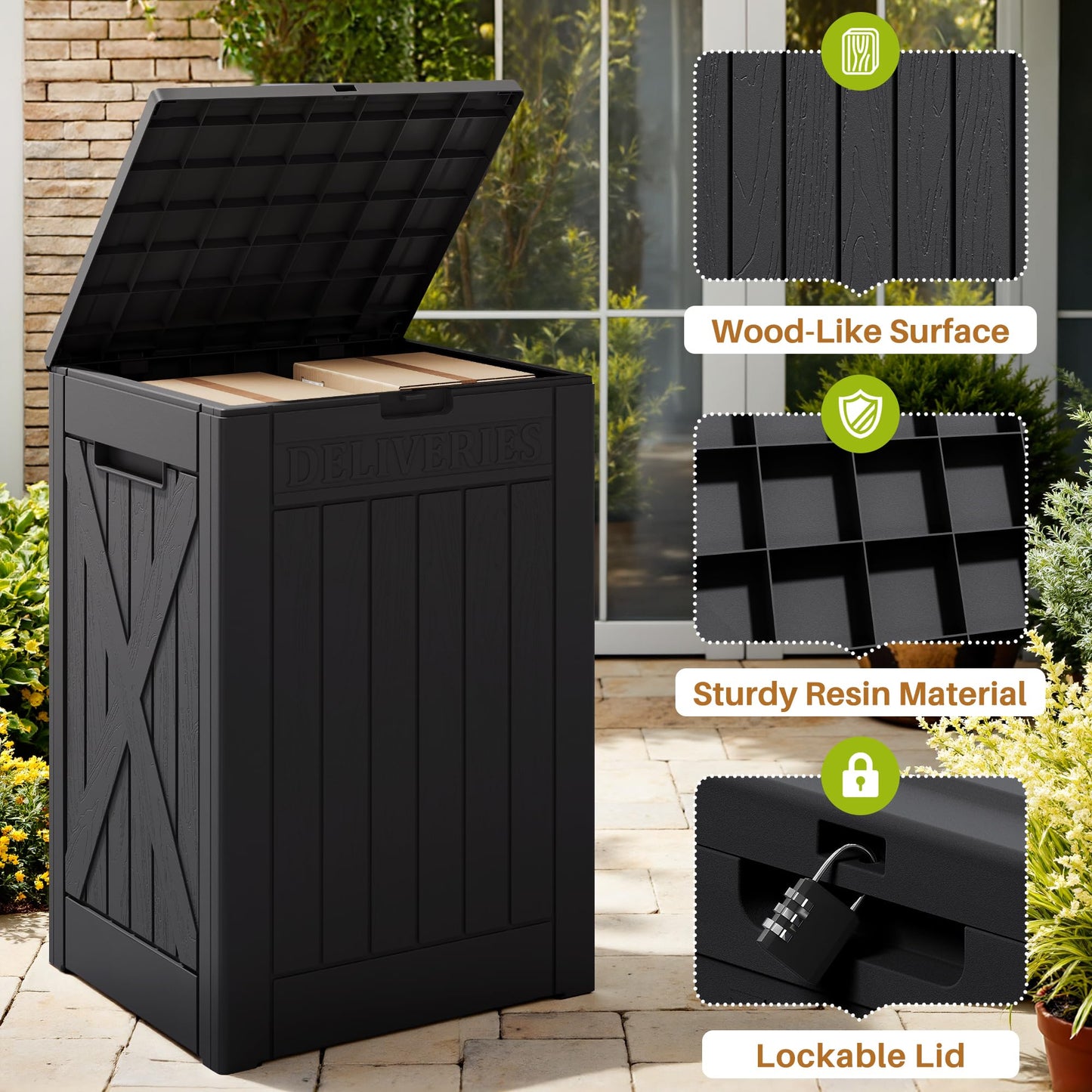 Devoko 48 Gallon Package Delivery Box Outdoor Secure Lockable, Waterproof Deck Box PP Material Storage Container for Porch, Deck (Black, 48 Gallon)