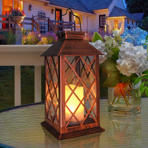 [2 Pack] TAKE ME 14" Solar Lantern Outdoor Garden Hanging Lantern Waterproof LED Flickering Flameless Candle Mission Lights for Table,Outdoor，Mothers Day Gifts Mom Wife