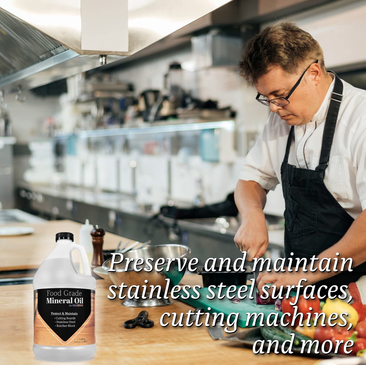 MAXTITE Mineral Oil for Cutting Boards and All Wood Care, Ultrapure Food Grade Made in USA (1 Gallon) - Condition Wood, Butcher Block Countertop, Stainless Steel, Knife, Tools, and Equipment