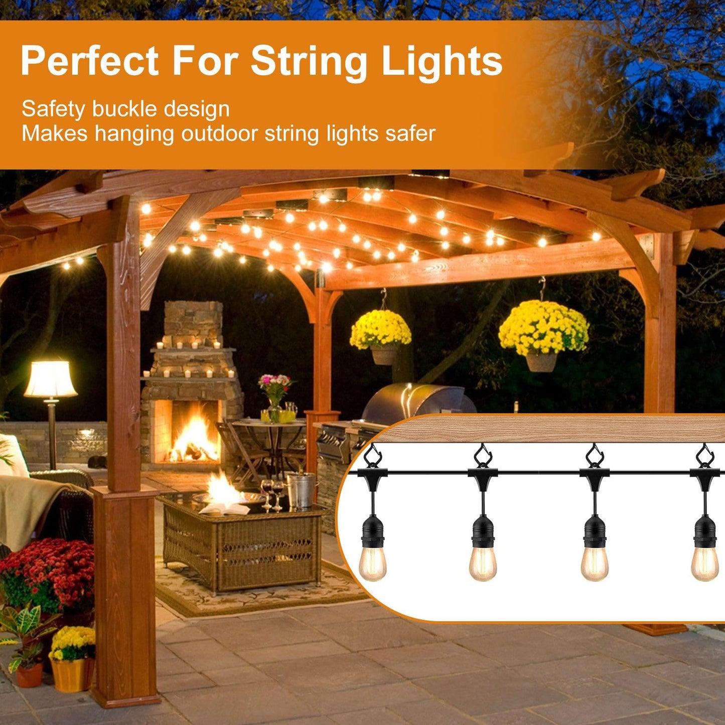 42 Pcs Screw Hooks for Outdoor String Lights, Q-Hanger Hook with Safety Buckle, Patio Wall Ceilling Square Eye Cup Hook for Hanging Plant Pots Christmas Decor Wire Fairy Led, Wind Nut Driver, Black