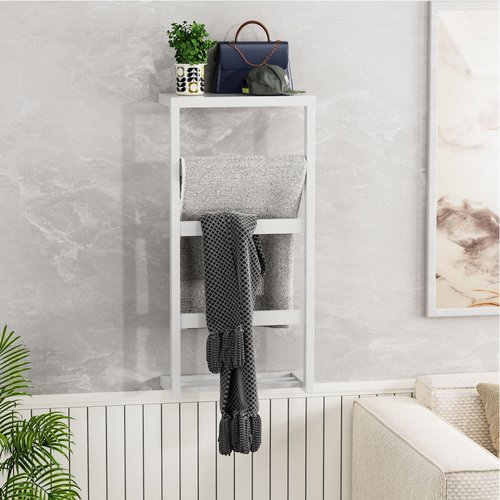 riteu Blanket Ladder, Bamboo Bath Towel Racks for Bathroom Wall Mounted, Wall Blanket Ladder, Towel Storage Rack with Shelf Can Holds 6 Large Towels,White