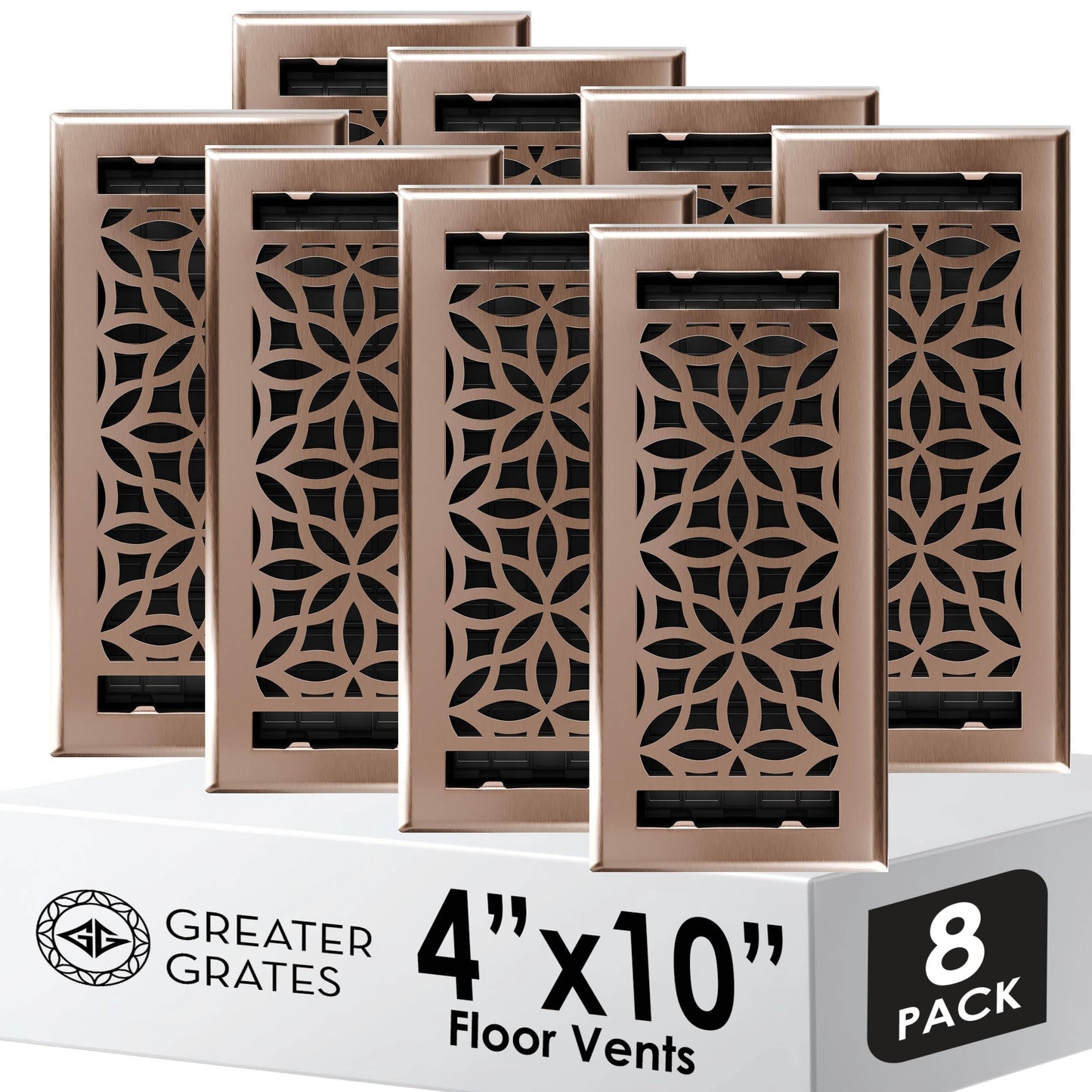 Floor Vent Covers – 4x10 Floor Register – Heavy-Duty Steel, Rustproof & Walkable Grates, Drop-in Install, Adjustable Airflow – Decorative (Floral Satin Rose Bronze, 8 Pack)