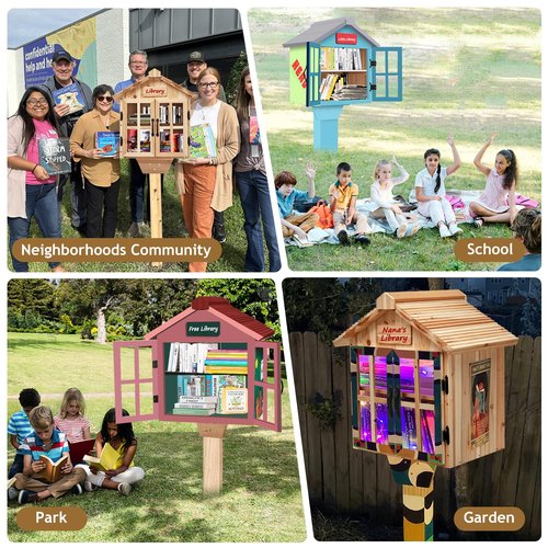Amcortn Little Library Box Outdoor Free Library Kit, Updated Double Doors Literature Little Library Box, Wood Cabinet Book Storage for DIY Nameplate, Neighborhoods, Community, Schools Sharing Books
