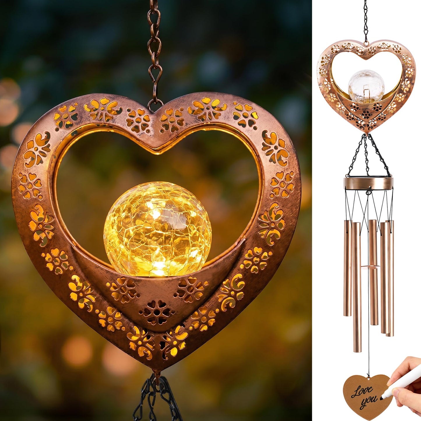 Nacome Solar Heart Wind Chimes for Outside: Weatherproof Metal Outdoor Decor Easy Hanging for Garden Patio Tree Window - Melodious Mother's Day Birthday Gifts for Mom Women Mom Grandma Her Wife
