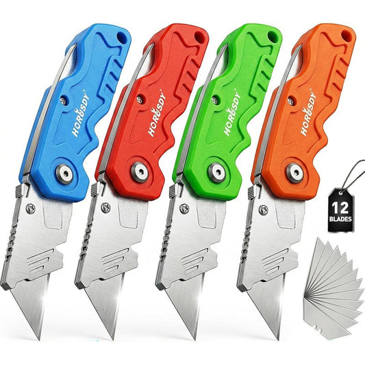 HORUSDY 4-Pack Folding Utility Knife Set, Heavy-Duty Box Cutters with 12 Extra Blades, Quick-Change Razor Knives with Color-Coded Handles (Green/Blue/Red/Orange) for Jobsite, Warehouse & Home Use