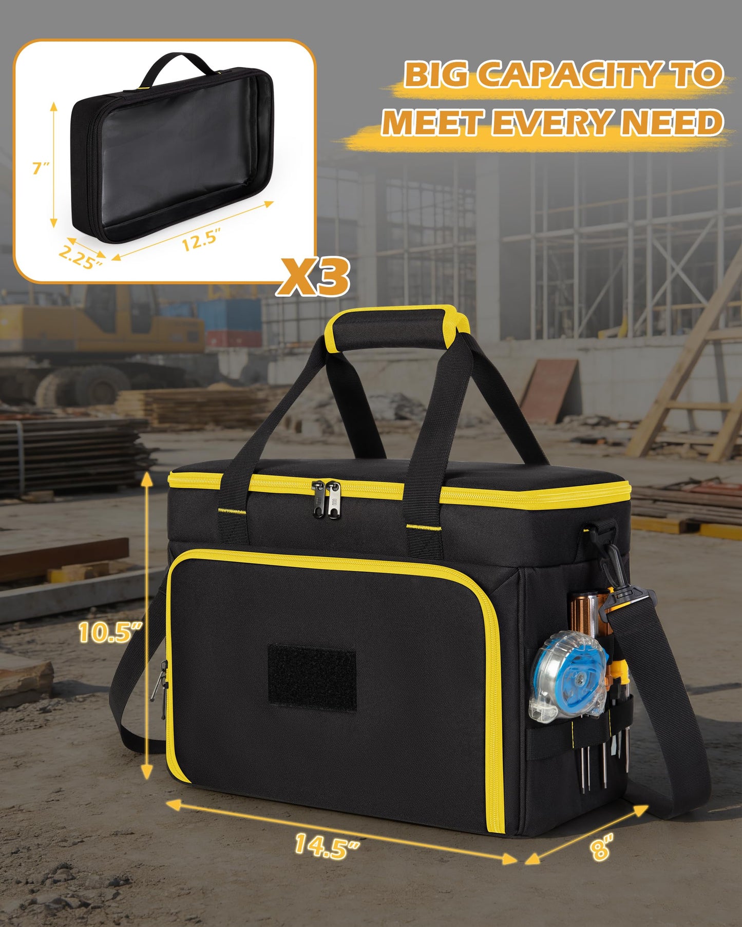 Marscamd 2 Layers Tool Bag with 3 Clear Window Removable Cases, Heavy Duty Tool Tote with Molle Webbing and Detachable Shoulder Strap, Black/Yellow