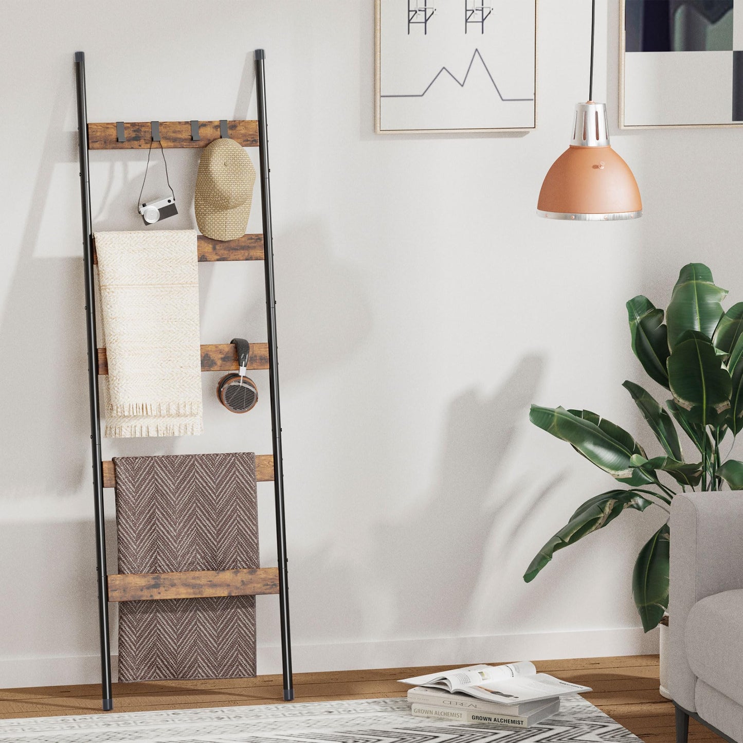 Blanket Ladder, 5-Tier Towel Holder with 4 Removable Hooks, Farmhouse Wall Leaning Decorative Rack Shelf, Wooden Towel Display Rack, Quilt Ladder for Living Room, Bedroom, Rustic Brown