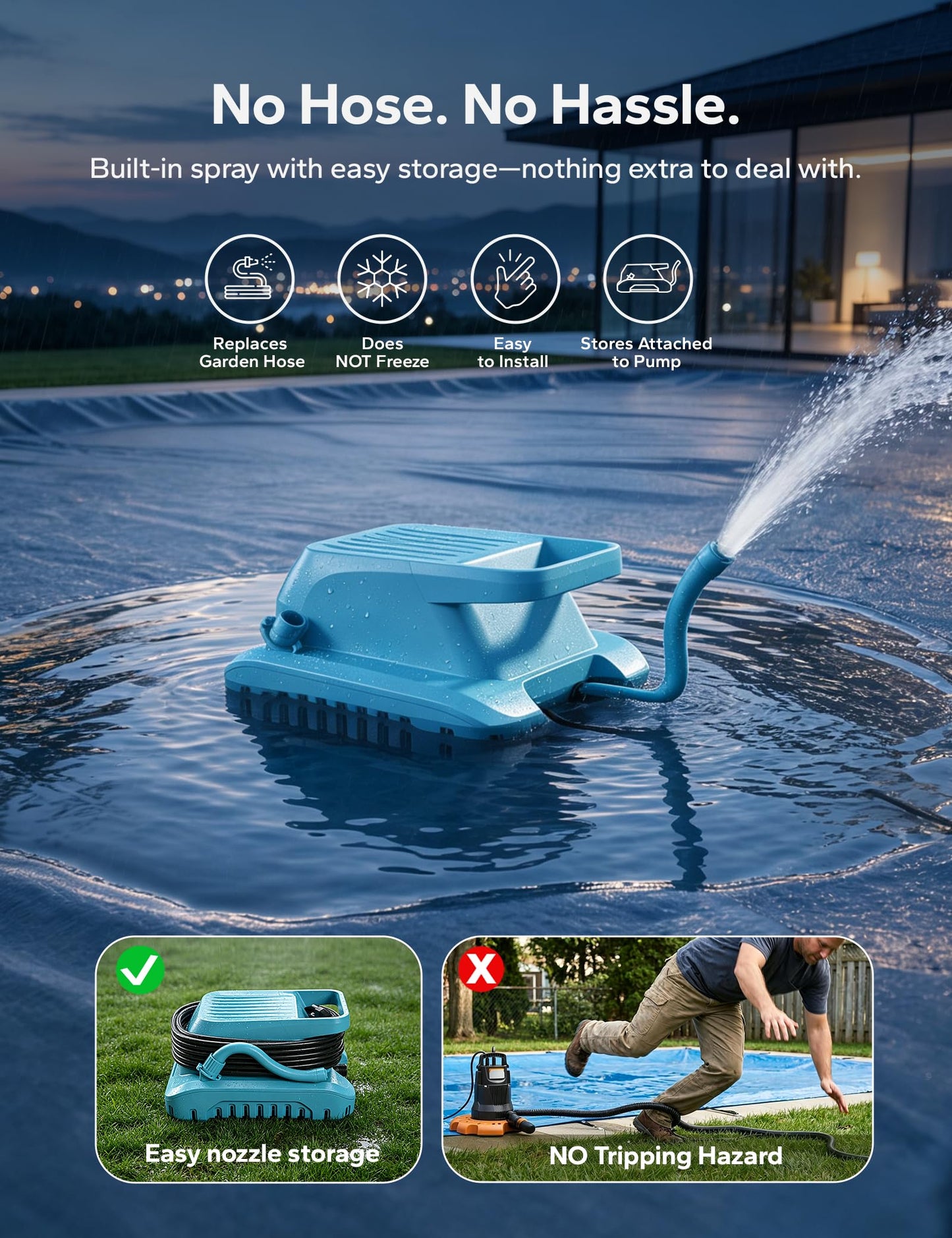 Voeer Pool Cover Pump with Built-in Nozzle, 950 GPH Automatic Submersible Pump, 25ft Cord, Hose Connection Supported, Water Level Indicator, Low-Profile Design, 110W Motor, Waterproof Design