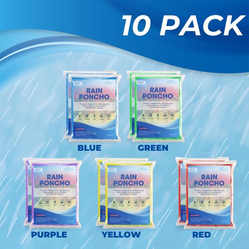 CloudTen Compact and Disposable Rain Ponchos for Men and Women (Multi Color (10 Packs))