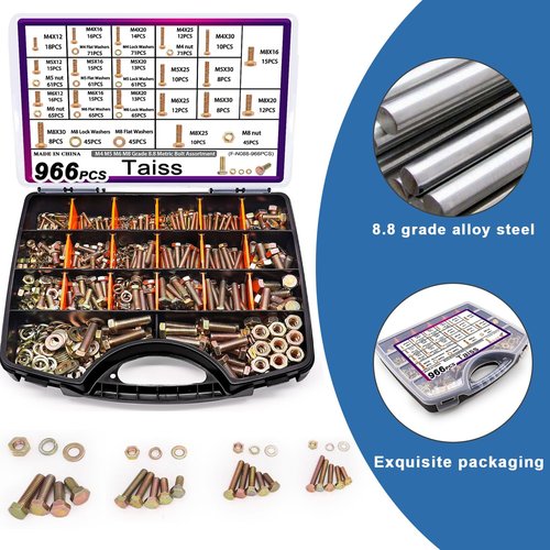 Taiss 966pcs Grade 8.8 Metric Bolt Assortment,Metric Bolts and Nuts Assortment,Bolt Kit M4 M5 M6 M8(12-30mm) Heavy Duty Hex Bolts and Nuts Kit Flat/Lock Washer Yellow Zinc Plated,with Handheld Box