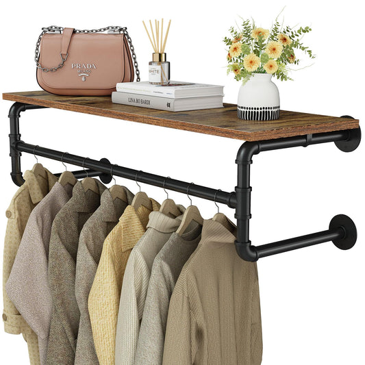 UlSpeed Clothes Rack with Top Shelf, 42.3in Industrial Pipe Wall Mounted Garment Rack, Space-Saving Display Hanging Clothes Rack, Heavy Duty Detachable Multi-Purpose Hanging Rod for Closet Storage