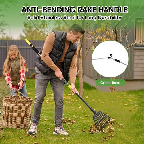 Coopvivi Garden Leaf Rakes, 6FT Rakes for Lawns Heavy Duty 11 Metal Tines 9 inch Wide, Adjustable Long Steel Handle, Small Shrub Rake, Gathering Leaves (Black)