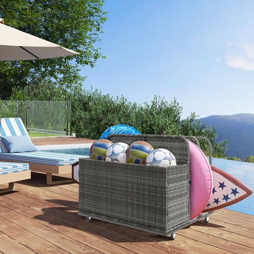 ZealWe Pool Float Storage Box Outdoor Rolling Poolside Storage Basket Organizer for Patio PE Rattan Pool Caddy with Wheels for Cushions, Floaties, Noodles, Life Vests, Beach Balls, Toys