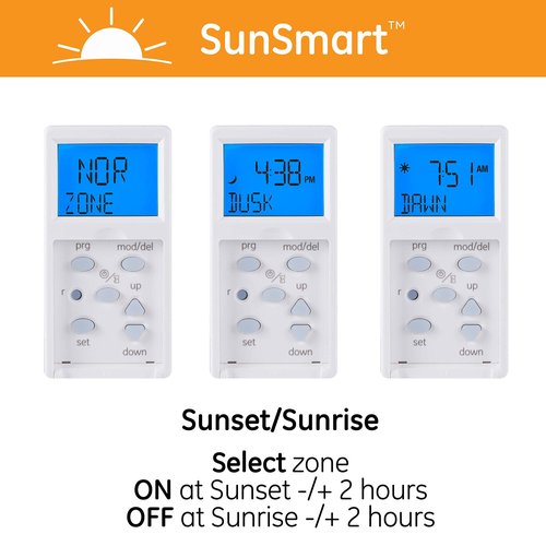 GE SunSmart Digital In-Wall Timer - Daily ON/OFF Times, Programmable Settings, Sunset/Sunrise Presets, Vacation Security - White & Almond Light, Fan, Heater Switch - 32787
